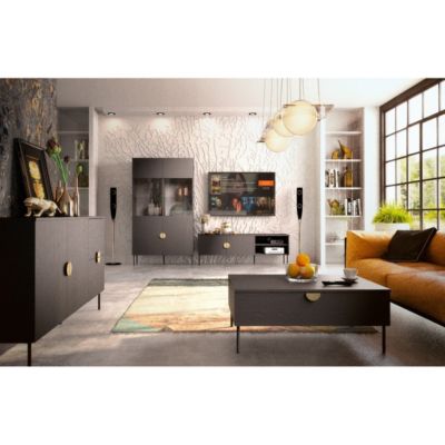 Buffet 4 portes MONDO  Noir mat, pieds métal et poignées dorées  Design moderne