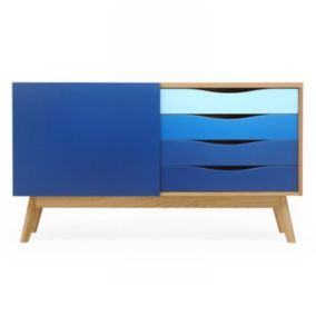 Buffet 4 Tiroirs & 1 Porte "Avon" 128cm Chêne & Bleu Foncé