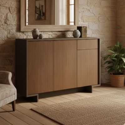 Buffet Arius, Buffet de salon, Buffet de salon avec 3 portes et 1 tiroir, 100% Made in Italy, 134x35h87 cm, Marron et Noyer