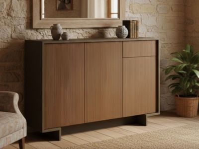Buffet Arius, Buffet de salon, Buffet de salon avec 3 portes et 1 tiroir, 100% Made in Italy, 134x35h87 cm, Marron et Noyer