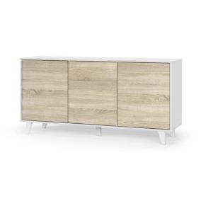 Buffet Arvada, Buffet de cuisine, Armoire design de salon, Buffet moderne avec 3 portes et étagères, 154x40h75 cm, Blanc et Chêne