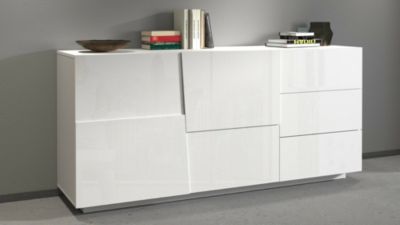 Buffet Avelignese, Buffet de salon, Buffet de salon avec 2 portes et 3 tiroirs, 180x44h86 cm, Blanc brillant