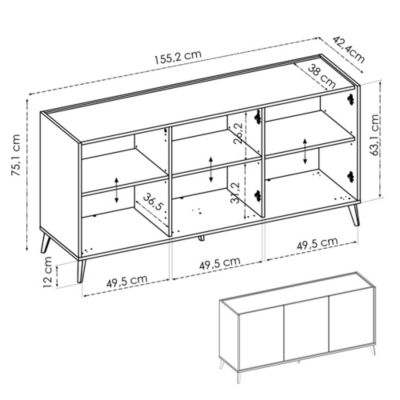 Buffet Avez, Buffet de salon, Buffet de salon moderne avec 3 portes, 155x43h75 cm, Chêne et Blanc