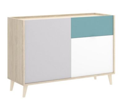 Buffet Bas 2 portes et 1 tiroir coloris naturel et émeraude - Longueur 105 x Hauteur 75 x Profondeur 43 cm