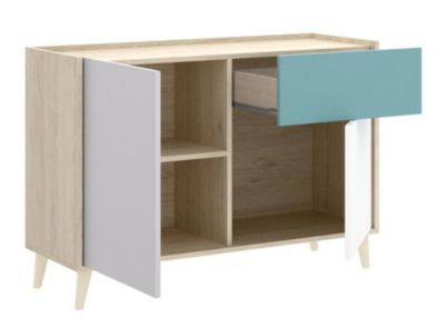 Buffet Bas 2 portes et 1 tiroir coloris naturel et émeraude - Longueur 105 x Hauteur 75 x Profondeur 43 cm
