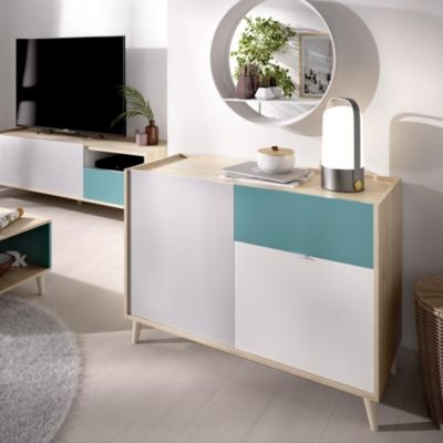Buffet Bas 2 portes et 1 tiroir coloris naturel et émeraude - Longueur 105 x Hauteur 75 x Profondeur 43 cm