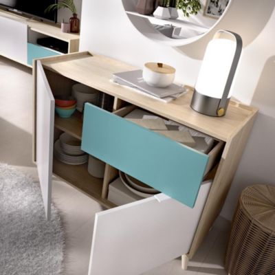 Buffet Bas 2 portes et 1 tiroir coloris naturel et émeraude - Longueur 105 x Hauteur 75 x Profondeur 43 cm