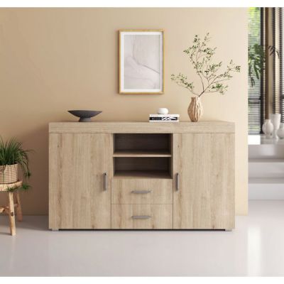 Buffet bas contemporain - Sonoma mat - Mélamine - 2 portes 2 tiroirs - 140x40x80 cm