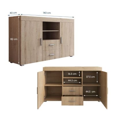 Buffet bas contemporain - Sonoma mat - Mélamine - 2 portes 2 tiroirs - 140x40x80 cm