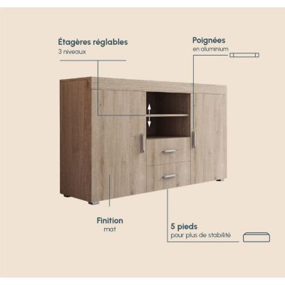 Buffet bas contemporain - Sonoma mat - Mélamine - 2 portes 2 tiroirs - 140x40x80 cm