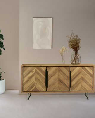 Buffet bas en teck recyclé avec motif chevron et métal 160 cm - Uniqka