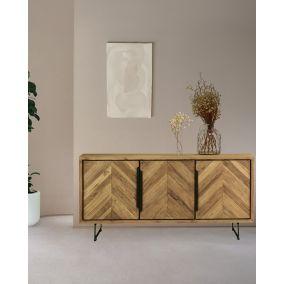 Buffet bas en teck recyclé avec motif chevron et métal 160 cm - Uniqka