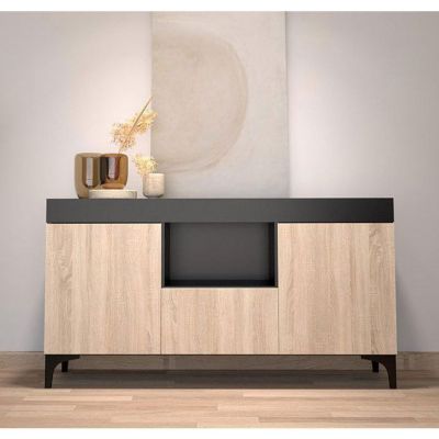 Buffet bas moderne - Noir & Sonoma - Mélamine - 3 portes - 130x70x32,5 cm