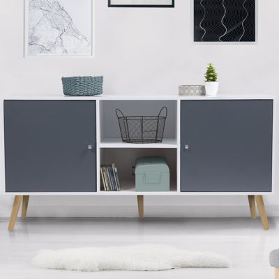 Buffet bas scandinave 140 cm EFFIE 2 portes bois blanc et gris