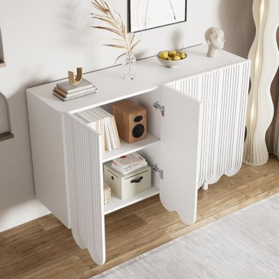 Buffet blanc à 4 portes, commode moderne en forme de goutte, 120 x 80,8 x 37,5 cm