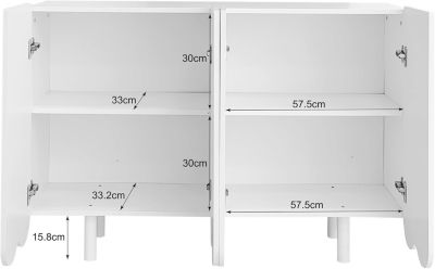 Buffet blanc à 4 portes, commode moderne en forme de goutte, 120 x 80,8 x 37,5 cm