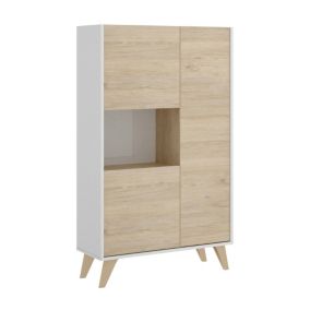 Buffet Boario, Buffet de salon haut, Buffet de salon moderne avec 3 portes, 81x43h135 cm, Chêne et Blanc