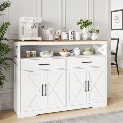 Buffet bois veiné blanc 4 portes 2 tiroirs, adapté salon salle à manger, deux coloris disponibles