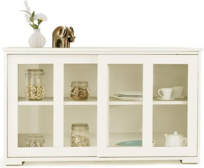 Buffet Commode Bas avec 2 Etageres Tablette Hauteur Reglable Vaisselier Bahut de Cuisine avec Porte Coulissante