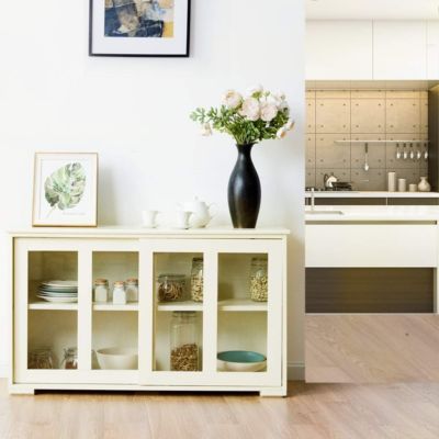Buffet Commode Bas avec 2 Etageres Tablette Hauteur Reglable Vaisselier Bahut de Cuisine avec Porte Coulissante