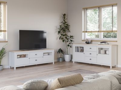 BIM Furniture Commode Bello Bianco IV – Buffet Haut Blanc Brillant 3 Tiroirs + 3 étagères