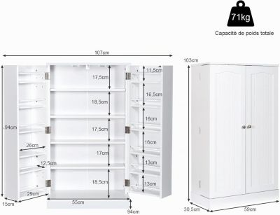 Buffet Haut Armoire De Rangement GIANTEX 5 Compartiments – 103 Cm Blanc, étagères Réglables, Anti-basculement, Pour Cuisine Salon Entrée