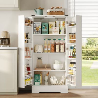 Buffet Cuisine - Buffet de Rangement avec LED, 2 Portes Battantes et Étagères Réglables - 60x35x128,5 cm - PB MDF - Blanc