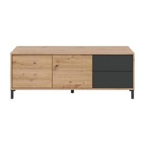 Buffet Daca, Buffet de salon, Buffet avec pieds pour salon, Armoire moderne avec 2 portes, 130x41h47 cm, Chêne noué et Anthracite