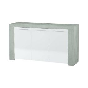 Buffet Dalbiera, Buffet de salon, Meuble TV, Buffet pour salon, Armoire moderne avec 3 portes, 144x42h80 cm, Ciment et Blanc