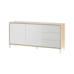 Buffet Dbog, Buffet de salon, Armoire de salon, Buffet moderne avec 2 portes et 3 tiroirs, 154x41h74 cm, Chêne et Blanc