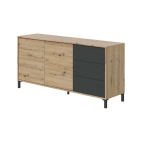 Buffet Dbog, Buffet de salon, Armoire de salon, Buffet moderne avec 2 portes et 3 tiroirs, 154x41h74 cm, Chêne noué et Anthracite