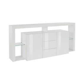 Buffet Ddapozz, Buffet de salon avec 2 portes et 3 tiroirs, Buffet de salon, Buffet moderne, 180x40h80 cm, Blanc brillant