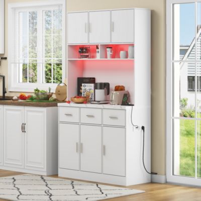 Buffet de cuisine 100 cm blanc en MDF avec LED, tiroirs et prises USB