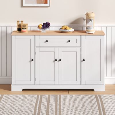 Buffet de cuisine 138 cm en MDF naturel et blanc avec tiroir et rangements