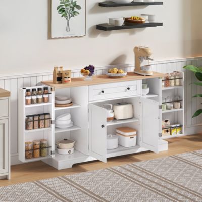 Buffet de cuisine 138 cm en MDF naturel et blanc avec tiroir et rangements