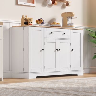 Buffet de cuisine 138 cm en MDF naturel et blanc avec tiroir et rangements