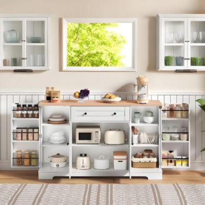 Buffet de cuisine 138 cm en MDF naturel et blanc avec tiroir et rangements