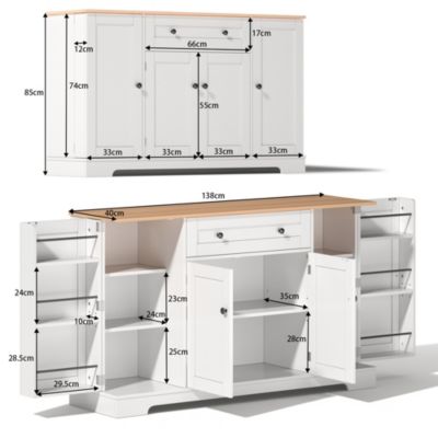 Buffet de cuisine 138 cm en MDF naturel et blanc avec tiroir et rangements