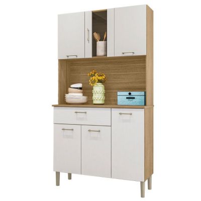 Buffet de Cuisine 6 Portes 1 Tiroir Chêne et Blanc 5 Niches L92 H170.5 P36.3 cm - L 92 x l 36.3 x H 170.5 cm