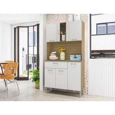 Buffet de Cuisine 6 Portes 1 Tiroir Chêne et Blanc 5 Niches L92 H170.5 P36.3 cm - L 92 x l 36.3 x H 170.5 cm