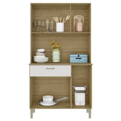 Buffet de Cuisine 6 Portes 1 Tiroir Chêne et Blanc 5 Niches L92 H170.5 P36.3 cm - L 92 x l 36.3 x H 170.5 cm