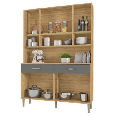 Buffet de Cuisine 8 Portes 2 Tiroirs Chêne et Gris L 121.4 H 173.5 P 36.3 cm - L 121.4 x l 36.3 x H 173.5 cm