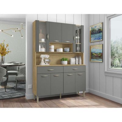 Buffet de Cuisine 8 Portes 2 Tiroirs Chêne et Gris L 121.4 H 173.5 P 36.3 cm - L 121.4 x l 36.3 x H 173.5 cm