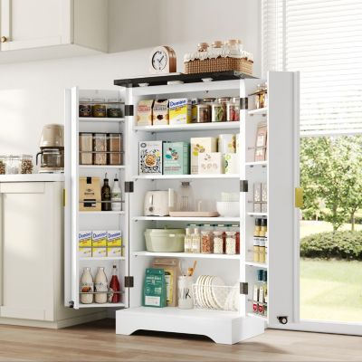 Buffet de Cuisine avec Portes et Étagères Réglables, Meuble de Cuisine avec Éclairage LED - Blanc - 60,5x40x120 cm