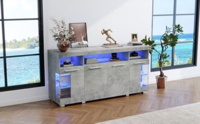 Buffet de Cuisine Bar avec 3 Compartiments et LED - Meuble Salon Moderne MDF et Verre Trempé, Gris Ciment - 140x40x70 cm