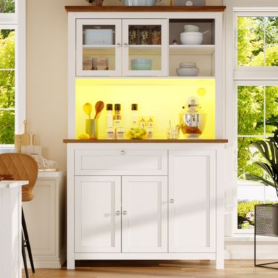 Buffet de cuisine haut 104 cm en MDF blanc avec LED et étagères réglables