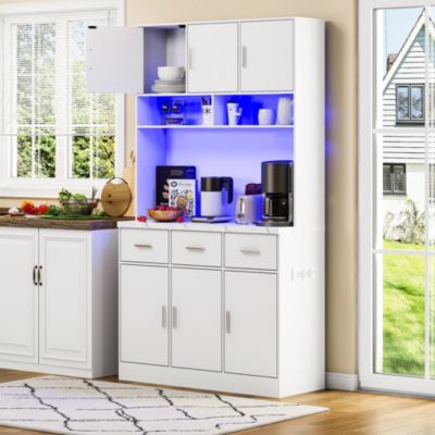 Buffet de Cuisine Haut - Vaisselier avec LED Multicolores et Contrôle Via Application, 6 Portes et 3 Tiroirs, Blanc, 100x40x180 cm