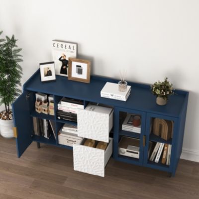 Buffet de Cuisine Moderne avec 2 Tiroirs, 2 Étagères ouvertes et 2 Portes Vitrées, Meuble de Rangement en MDF, 150x40x80 cm, Bleu