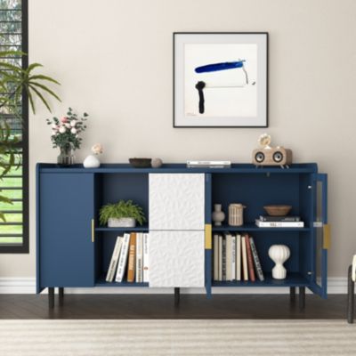 Buffet de Cuisine Moderne avec 2 Tiroirs, 2 Étagères ouvertes et 2 Portes Vitrées, Meuble de Rangement en MDF, 150x40x80 cm, Bleu