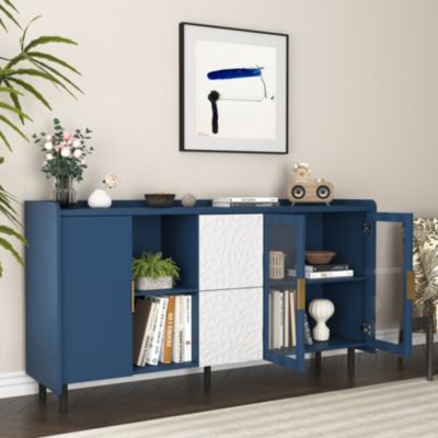 Buffet de Cuisine Moderne avec 2 Tiroirs, 2 Étagères ouvertes et 2 Portes Vitrées, Meuble de Rangement en MDF, 150x40x80 cm, Bleu